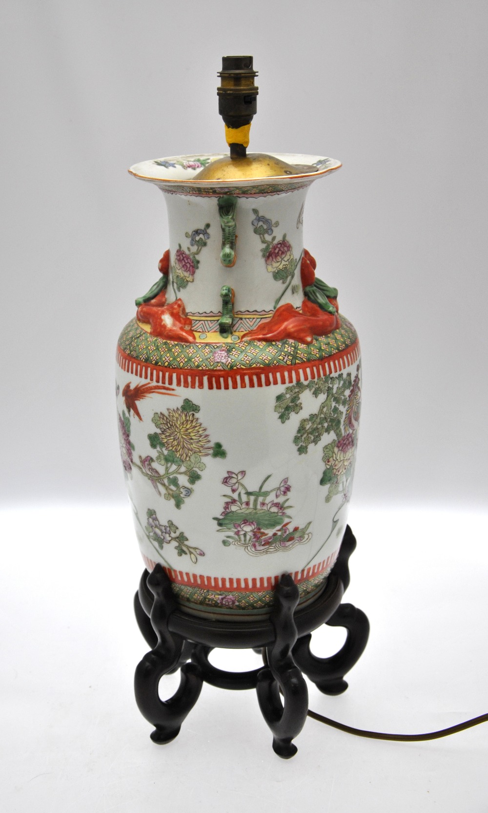 A Chinese famille rose baluster vase decorated with a variety of birds including peacocks, amidst - Image 4 of 4