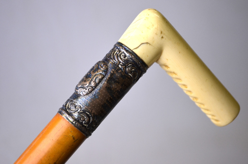 A malacca walking stick with ivory handle and white metal band, - Image 4 of 6