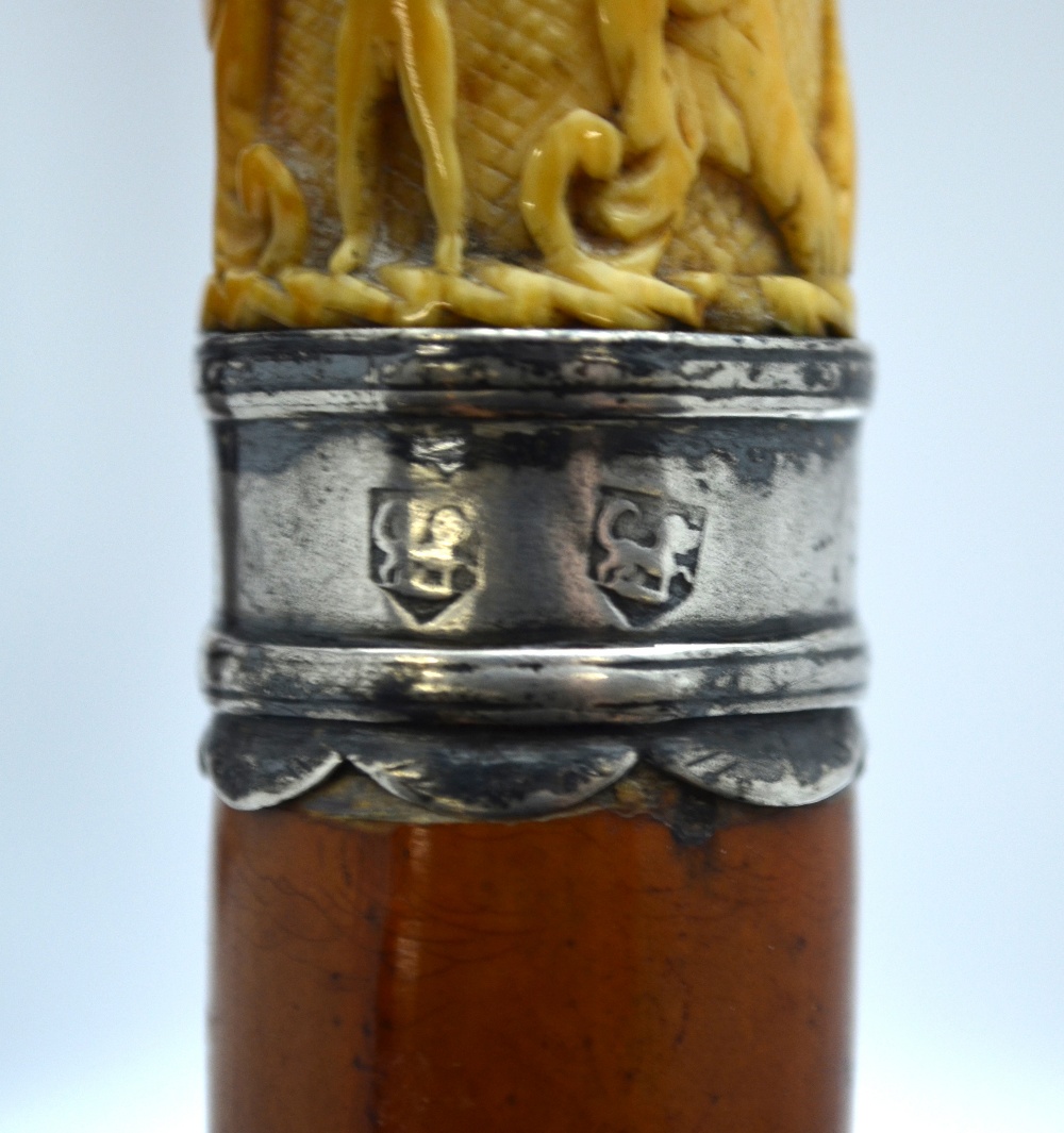 An 18th century malacca walking cane with white metal ferrule and ivory pommel, - Image 3 of 4