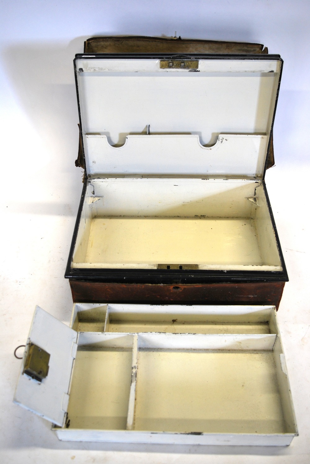 An Edwardian Japanned tin campaign writing-case with fitted interior, in leather outer case, - Image 5 of 6