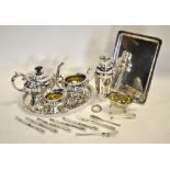 An electroplated oval three-piece tea service, a Harrod's cocktail shaker, two trays, flatware etc.