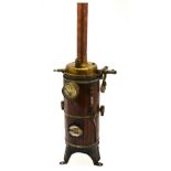 A model coopered wooden bodied steam boiler with brass fittings to a copper funnel,