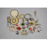 Mixed lot including Art Nouveau buckle, brooches, rattle,