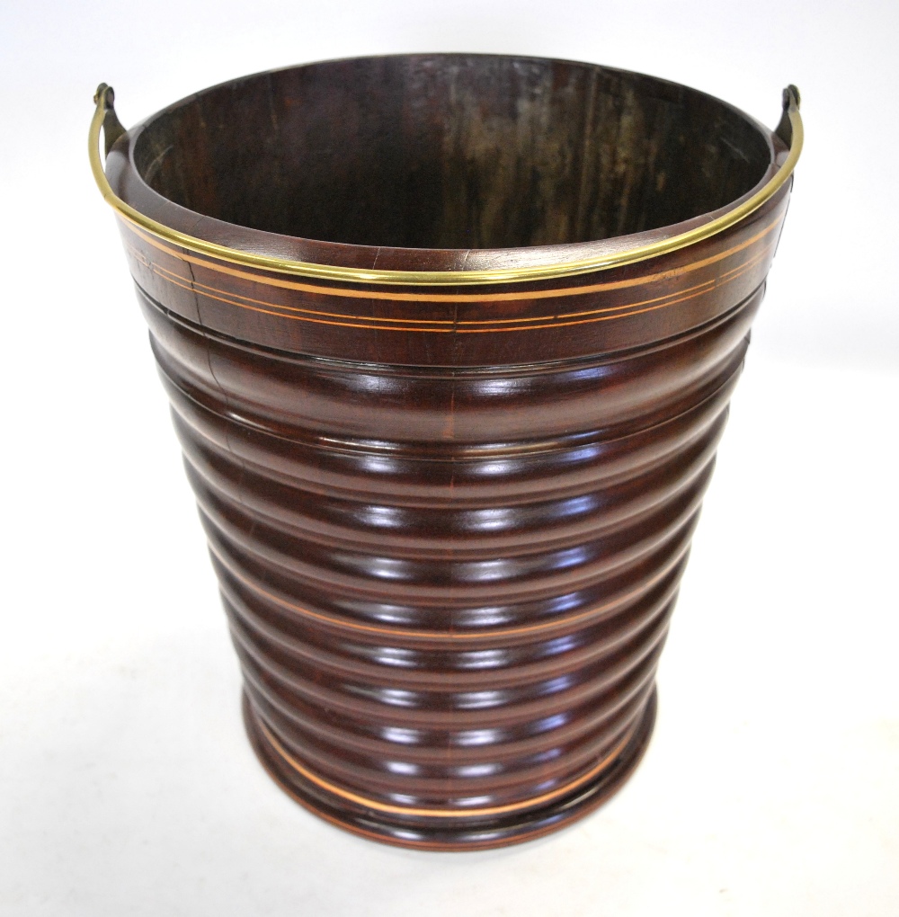 A mahogany peat bucket of ribbed and tapering form with stringing and brass loop handle, - Image 2 of 4