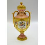 Coalport twin handle vase and cover, the pink and yellow ground decorated with gilt edged floral and