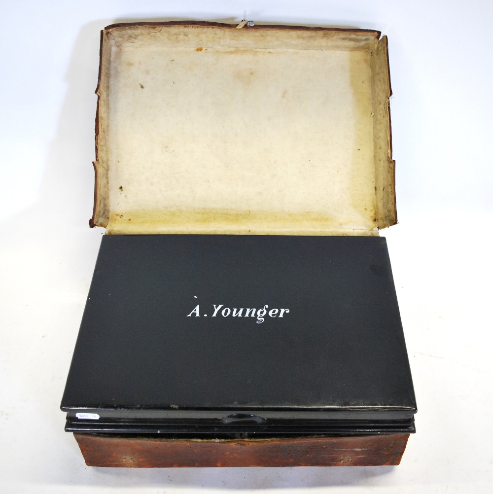 An Edwardian Japanned tin campaign writing-case with fitted interior, in leather outer case, - Image 2 of 6