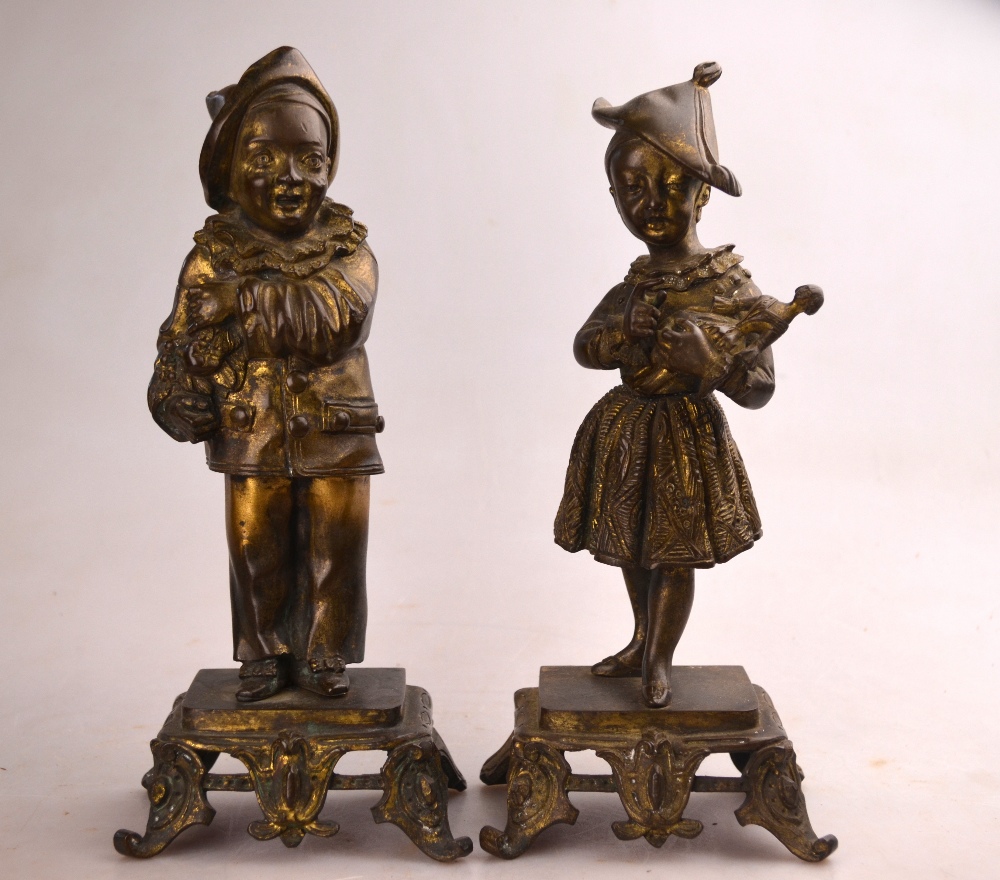A pair of 19th century Continental bronze garniture figures and a boy clown and girl with doll, - Image 2 of 5