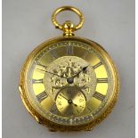 A Victorian lady's 18ct gold fob watch with ornately engraved case and dial, lever movement,