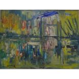 Isherwood - Tower Bridge - abstract landscape, impasto oil on board, signed lower left, 44 x 59 cm