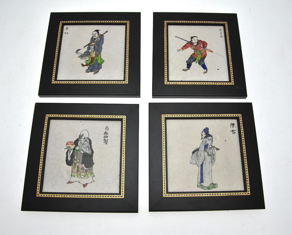 Four Chinese 20th century famille rose tiles decorated with immortals including Shou Lau, 12.5 x 12.