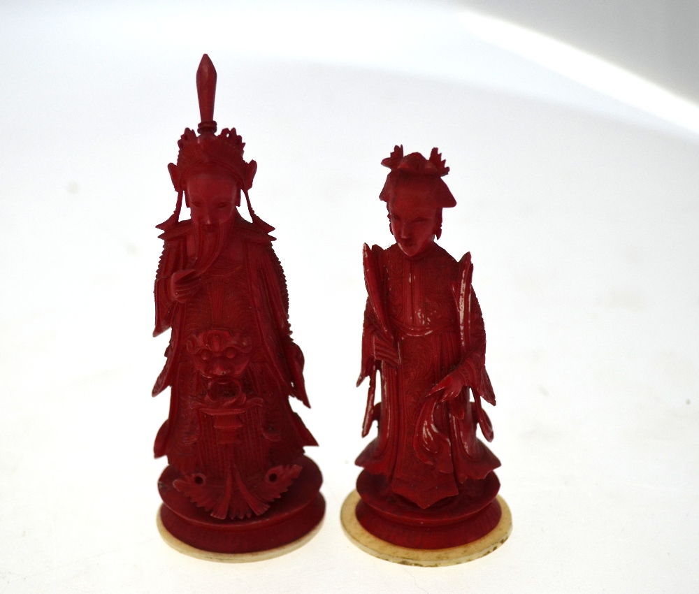 A set of four Chinese ivory chess pieces, kings and queens, one pair stained red, - Image 3 of 4