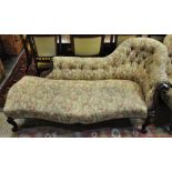 A Victorian walnut framed button upholstered chair end chaise lounge to/w a similar companion
