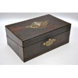 A Victorian brass and mother-of-pearl inlaid rosewood stationery writing box with fitted interior