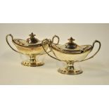 A pair of Adam style Old Sheffield Plate sauce tureens and covers with twin handles,