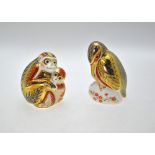 Two Royal Crown Derby Imari decorated paperweights - Monkey and Baby, gold stopper and Kingfisher,