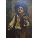 Continental school - Beggar boy with violin, oil on canvas, signed with monogram and dated 1879,