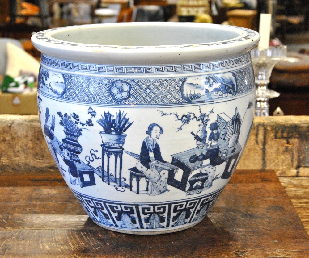 A Chinese blue and white large jardiniere decorated with figures in an interior, late 19th/early - Image 3 of 4