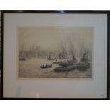After William Lionel Wyllie (1851-1931) - View of the Thames from the Tower, drypoint etching,