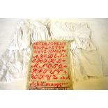 A box containing assorted (mostly crocheted) edging, two Victorian cotton baby gowns,