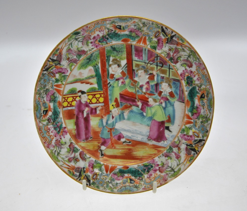 Three 19th century Chinese famille Canton rose plates and matching dish decorated with figures on - Image 2 of 6