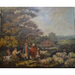 Manner of Morland - Figures and sheep in a landscape, oil on canvas,