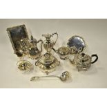 Two Victorian electroplated teapots, a coffee pot, hot water jug, hot-dish and cover, salver,