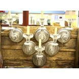 A set of six large fine quality cut crystal glass wall lights with stainless steel back mounts -