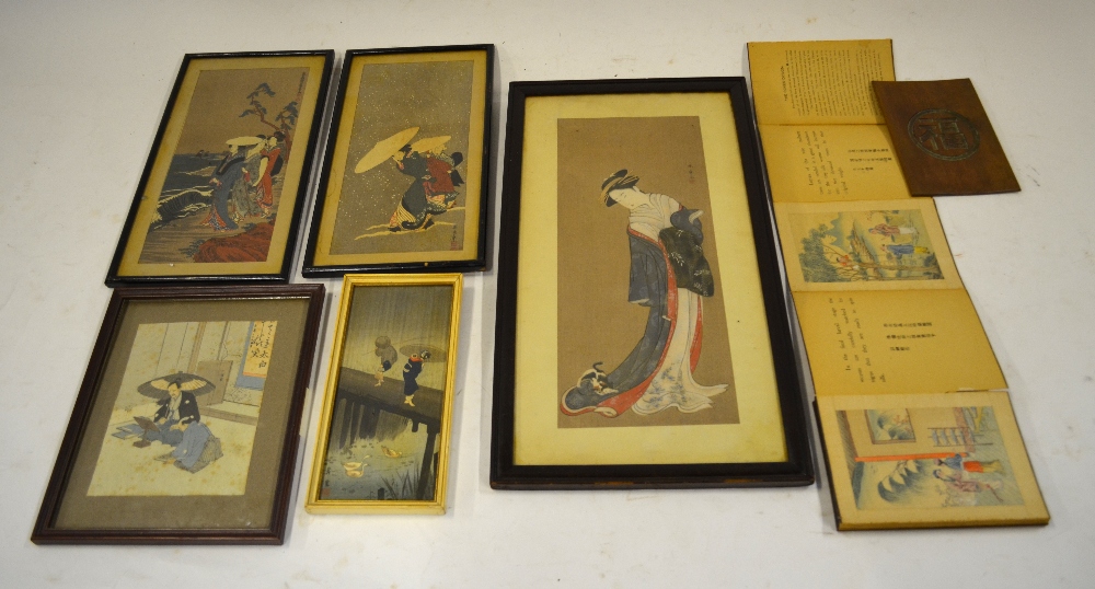 Five Japanese woodcut prints of figures to/w a Chinese story of silk (6)