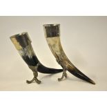 Two cow's horn drinking horns with electroplated pewter mounts,