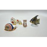 Four Royal Crown Derby Imari decorated paperweights - Angel Fish, Seated Cat, Seal Pup,