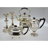 A Mappin & Webb Queen's Plate half-reeded kettle on stand, to/w a half-fluted teapot,