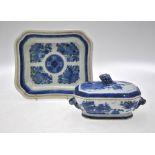 A Chinese blue and white small rectangular tureen and cover decorated with a watery landscape, 20