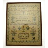 A 19th century silk petit point sampler on linen back worked with alphabet, prayer, flowers,