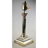 An Edwardian silver classical column table lamp on stepped base,