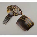 A set of three graduated tortoiseshell haircombs each having 9ct yellow gold Art Nouveau style