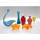 Six Murano cased glass items comprising three bowls, goblet and two vases to/w an additional vase (