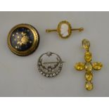 A citrine set cross in gilt metal setting to/w white paste flower and crescent and star brooch in