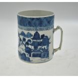 A Chinese late 18th century blue and white tankard with strap handle decorated with a lakeside