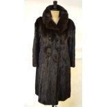 A dark brown full-length mink fur coat with neat collar, 50 cm across, approx. size 14 Condition