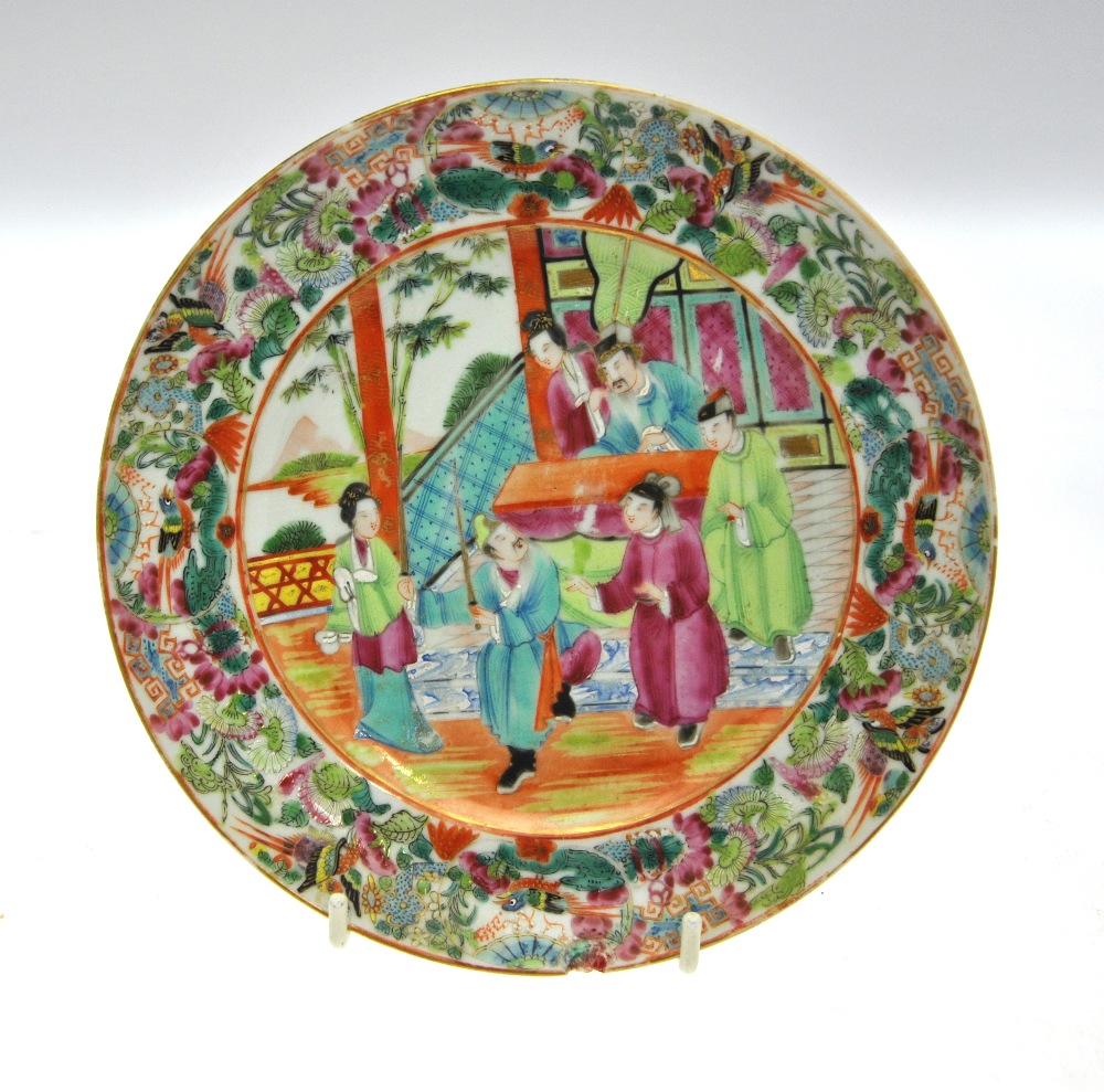 Three 19th century Chinese famille Canton rose plates and matching dish decorated with figures on - Image 4 of 6