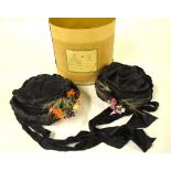 Two Victorian bonnets; one being straw, net and sequins with velvet floral spray and silk tie, the