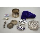 Various oddments of silver, including a Scandinavian brooch enamelled with Arctic scene,