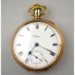 A 9ct gold open-faced pocket watch with Waltham movement, enamel dial with subsidiary seconds dial,