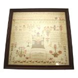 An early Victorian silk cross-stitch sampler, worked with alphabets and numerals, exotic pavilion,