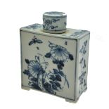 A Chinese blue and white 18th century rectangular tea caddy and cover decorated with butterflies