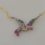 A love bird pendant set with old cut diamonds, rubies, sapphires and emeralds, yellow gold and