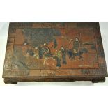 An antique Chinese papier mache pictorial decorated red lacquered table, a/f,