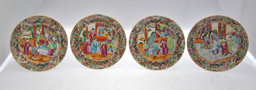 Three 19th century Chinese famille Canton rose plates and matching dish decorated with figures on