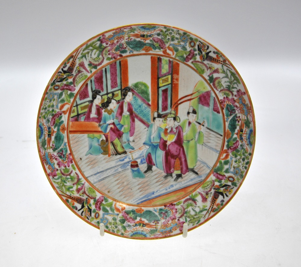 Three 19th century Chinese famille Canton rose plates and matching dish decorated with figures on - Image 3 of 6
