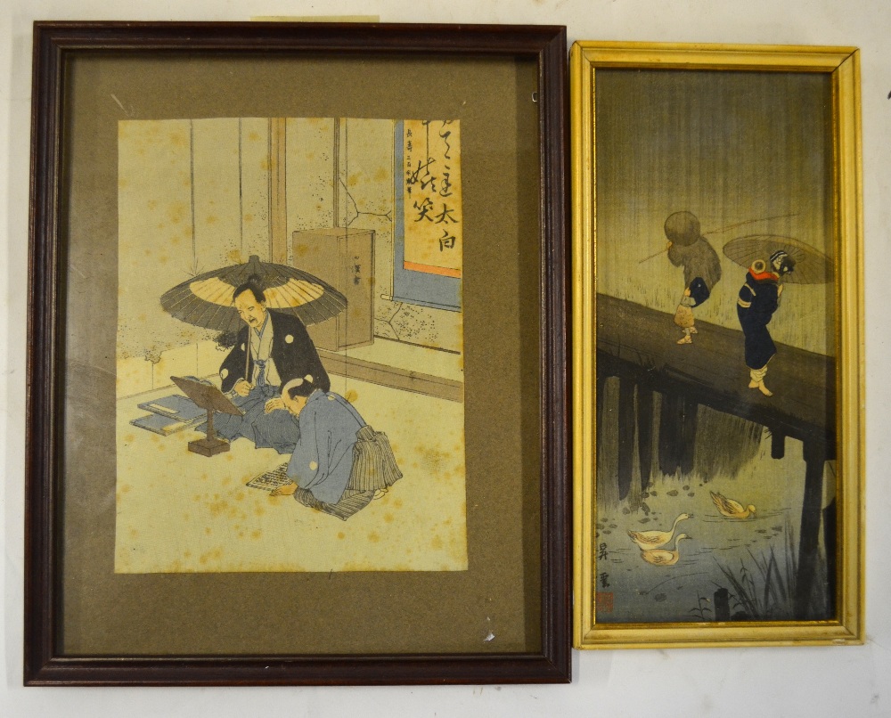 Five Japanese woodcut prints of figures to/w a Chinese story of silk (6) - Image 3 of 6